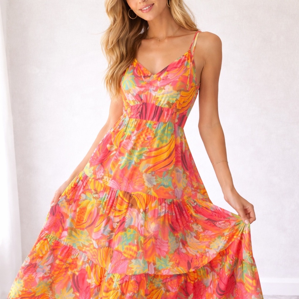 Farm Rio Tropical Fruit Tiered Midi Dress Beaded Straps Resort S - Picture 10 of 10